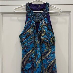 Cachet beaded yoke sleeveless maxi high low paisley silk multicolor dress Siz 12